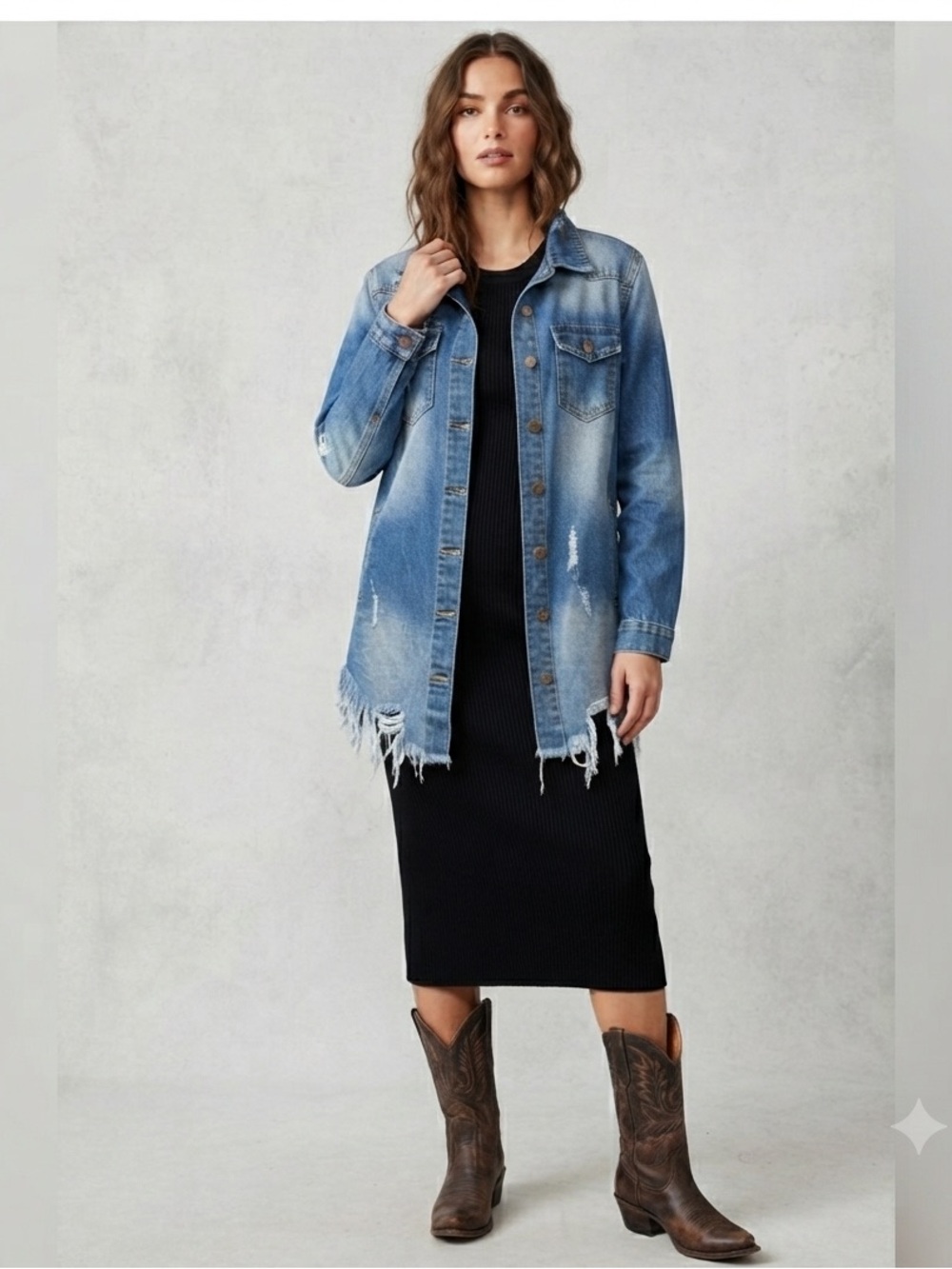 Distressed Denim Jacket / shacket. Raw edge. Perfect over dresses. Medium - Picture 3 of 14